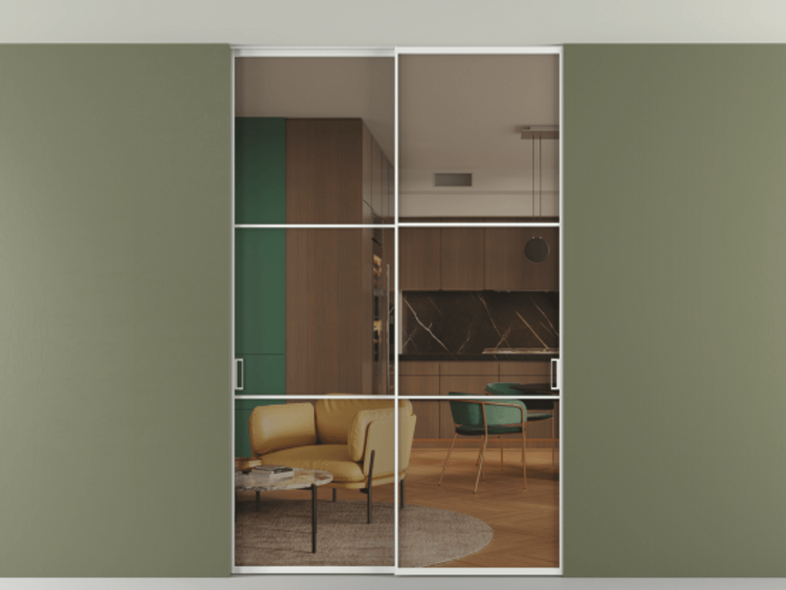 Перегородка Формато внутри проёма скрытое крепление в потолок 2 створки АЛПР 040.03 Алюминий белоснежный Прозрачное бронзовое стекло, триплекс Цена 289520 ₽ | Volhovec