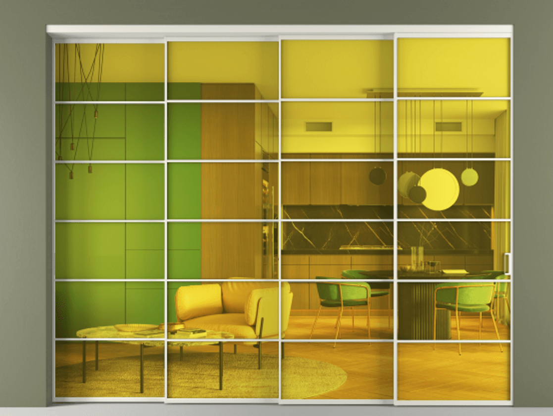 Перегородка Formato внутри проёма телескопик синхро 3 АЛПР 040.04 Алюминий Белый Прозрачное жёлтое стекло, триплекс Цена 465780 ₽ | Volhovec