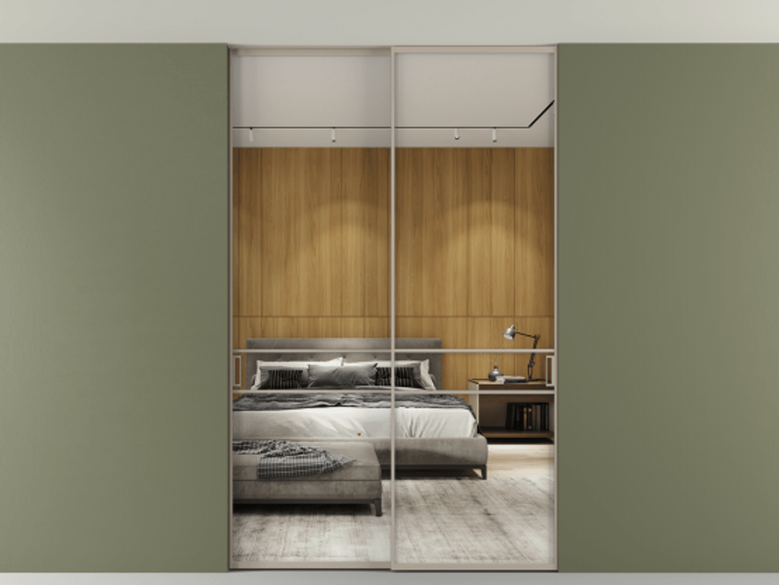 Перегородка Formato внутри проёма двустворчатая со скрытым креплением в потолок АЛПР 040.02 Алюминий бисквитный Двустороннее зеркало, триплекс 6 мм, триплекс 6 мм.  Цена 272860 ₽ 1. Полотно 2 шт. (800/2100 мм)
 2. Комплект установки раздвижной системы
 3. Базовый комплект фурнитуры
4. Ручка RONDO. Фабрика дверей Волховец 8 (800) 551 43 19  Перегородка Formato внутри проёма двустворчатая со скрытым креплением в потолок АЛПР 040.02 Алюминий бисквитный Двустороннее зеркало, триплекс 6 мм, триплекс 6 мм Цена 272860 ₽ | Volhovec