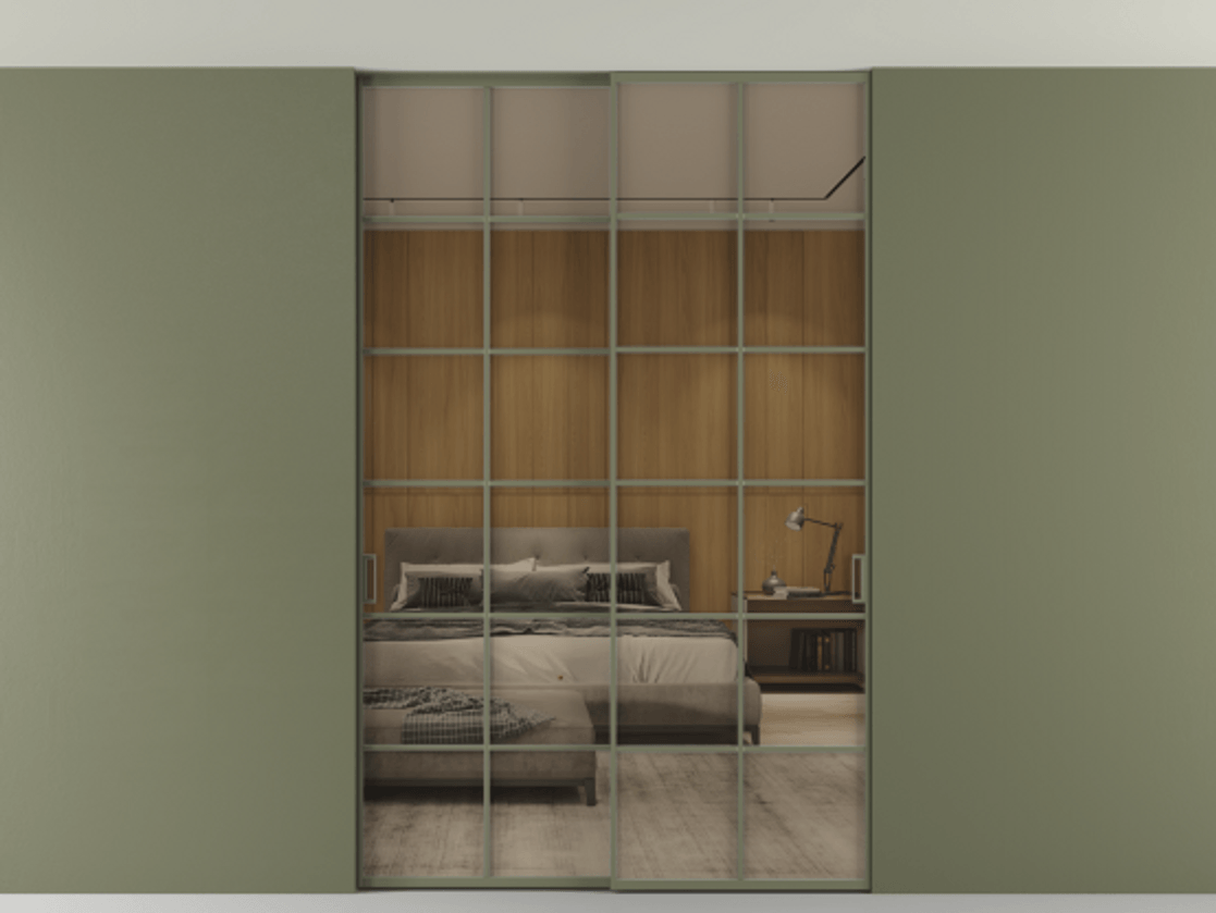 Перегородка Formato внутри проёма двустворчатая со скрытым креплением в потолок АЛПР 040.05 Алюминий оливковый тёмный Рефлективное бронзовое стекло "Stopsol", калёное Цена 305140 ₽ | Volhovec