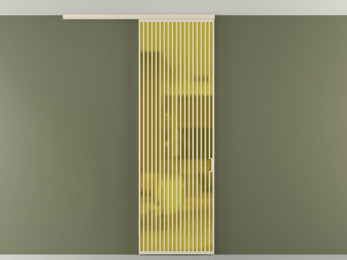 Межкомнатная дверь New Перегородка Formato вдоль стены на потолок одностворчатая АЛПР 040.06 Алюминий бежево-серый Сатинированное жёлтое стекло, триплекс Цена 187228  | Volhovec