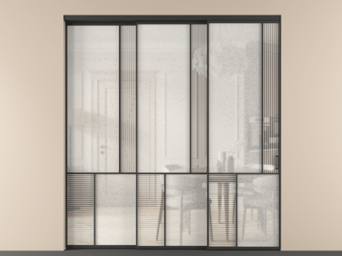 Перегородка Mosaic внутри проёма телескопик синхро 2 АЛПР 041.21 Алюминий Черный Рифлёное стекло "Дюна", триплекс, 6 мм + Фактурное стекло "Лёд", триплекс, 6 мм Цена 417340 ₽ | Volhovec