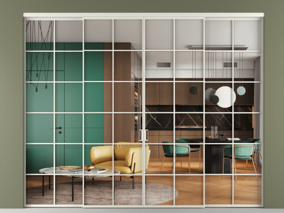 Перегородка Formato внутри проёма 4 створки АЛПР 040.05 Алюминий Белый Прозрачное стекло "Crystal Vision", калёное Цена 442800 ₽  | Volhovec