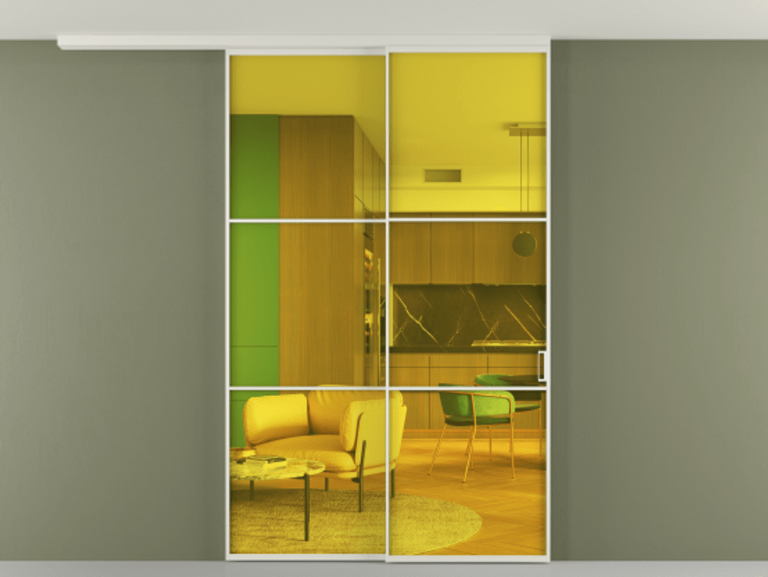 Перегородка Formato вдоль стены на потолок 2 створки с синхронным механизмом АЛПР 040.03 Алюминий Белый Прозрачное жёлтое стекло, триплекс Цена 264640 ₽ | Volhovec