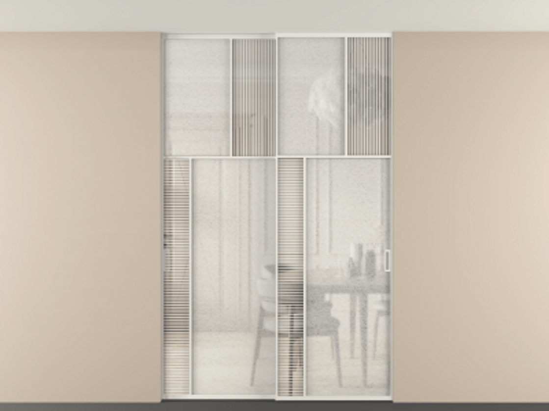 Перегородка Mosaic внутри проёма двустворчатая со скрытым креплением в потолок АЛПР 041.22 Алюминий Белый Рифлёное стекло "Дюна", триплекс, 6 мм + Фактурное стекло "Лёд", триплекс, 6 мм Цена 313020 ₽ | Volhovec