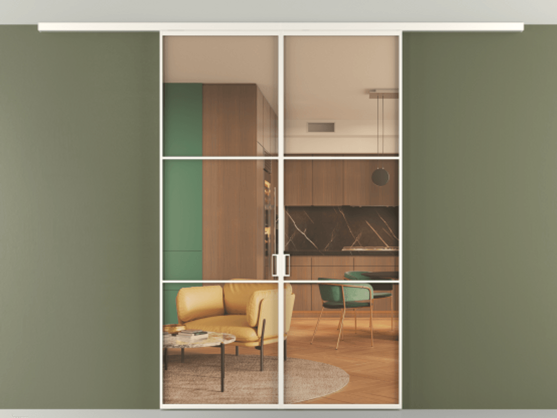 Перегородка Formato вдоль стены на потолок 2 створки АЛПР 040.03 Алюминий пудровый белый Прозрачное оранжевое стекло, триплекс Цена 194876 ₽ | Volhovec