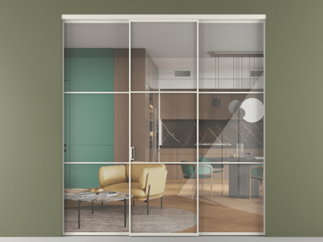 Перегородка Формато внутри проёма 3 створки АЛПР 040.03 Алюминий Белый Рефлективное прозрачное стекло "Стопсол", калёное Цена 305600 ₽ | Volhovec