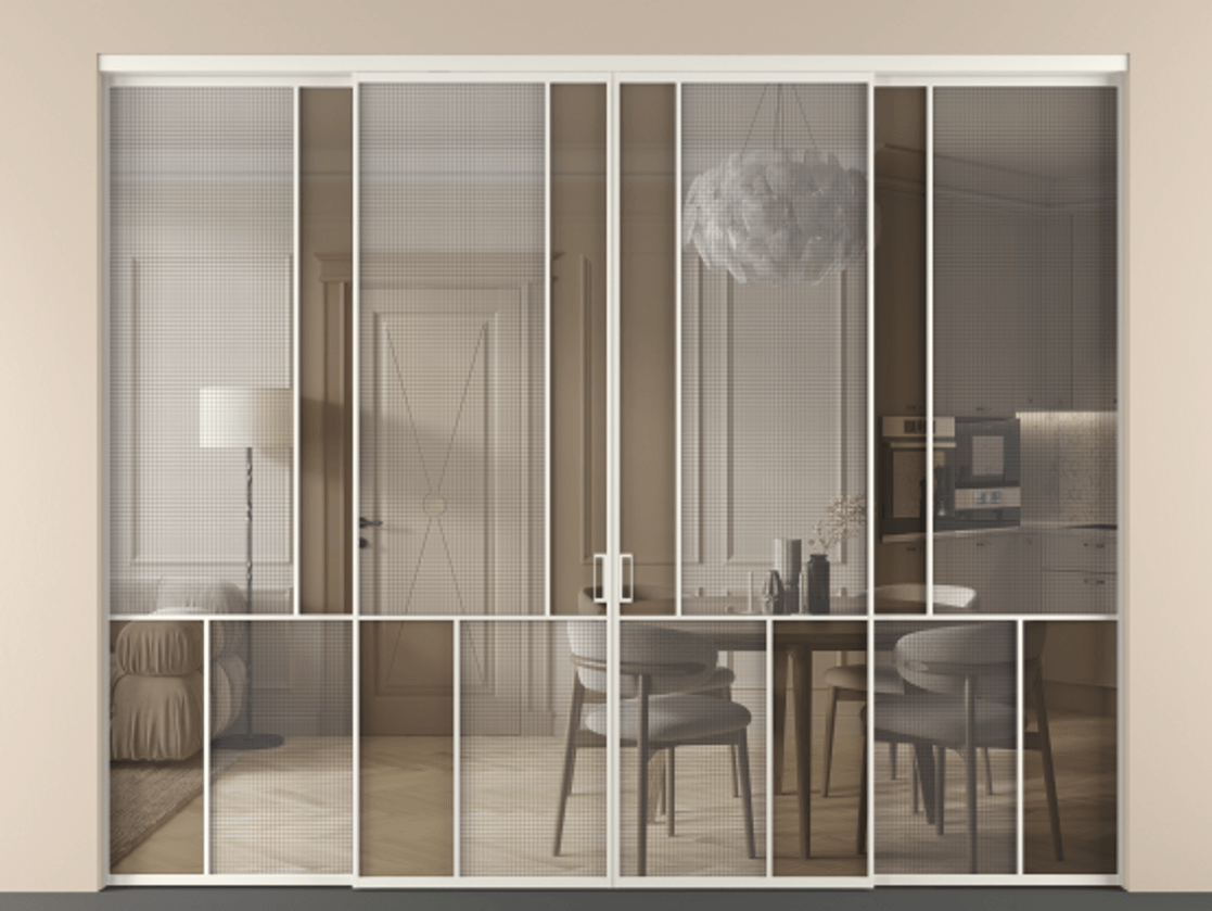 Перегородка Mosaic внутри проёма 4 створки АЛПР 041.20 Алюминий Белый Декоративное стекло с сеткой "Mesh silver", триплекс, 6 мм + Прозрачное бронзовое стекло, триплекс Цена 94589880 so'm | Volhovec