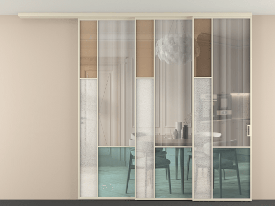 Перегородка Mosaic вдоль стены на потолок 3 створки с синхронным механизмом АЛПР 041.13 Алюминий бежево-серый Комбинация стекол Группы 1 и Группы 3 Цена 516520 ₽ | Volhovec