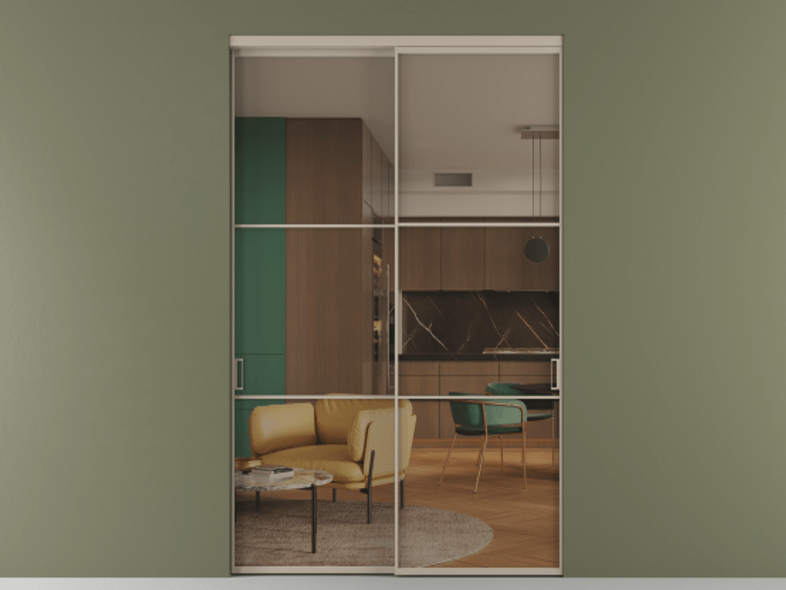 Перегородка Formato внутри проёма двустворчатая АЛПР 040.03 Алюминий бисквитный Прозрачное бронзовое стекло, триплекс, 6 мм.  Цена 197100 ₽ 1. Полотно 2 шт.  (800/2100 мм)
2. Комплект установки раздвижной системы
3. Базовый комплект фурнитуры
4.Ручка RONDO. Фабрика дверей Волховец 8 (800) 551 43 19  Перегородка Formato внутри проёма двустворчатая АЛПР 040.03 Алюминий бисквитный Прозрачное бронзовое стекло, триплекс, 6 мм Цена 197100 ₽  | Volhovec