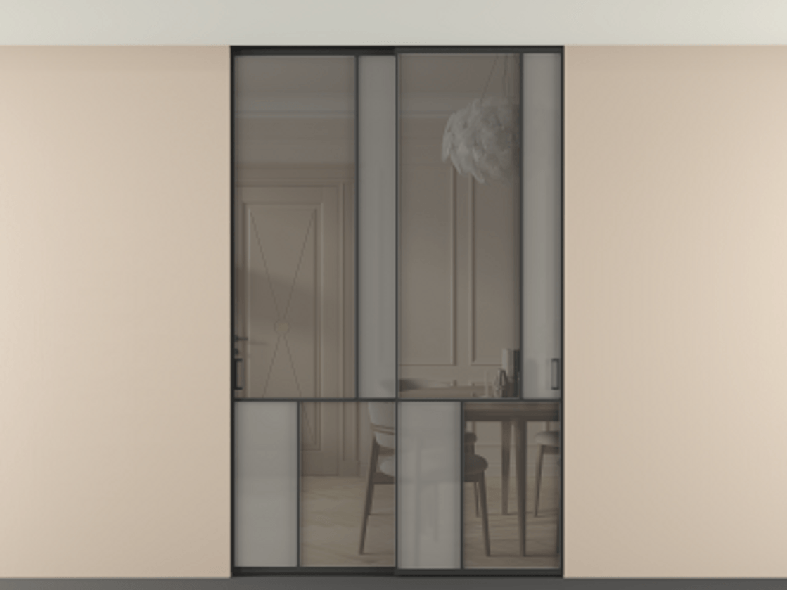 Перегородка Мозаик внутри проёма скрытое крепление в потолок 2 створки АЛПР 041.21 Алюминий Черный Сатинированное серое стекло, триплекс, 6 мм + Прозрачное серое стекло, триплекс. Скрытый короб ЧЕР Цена 315020 ₽ . Фабрика дверей Волховец 8 (800) 551 43 19 Перегородка Мозаик внутри проёма скрытое крепление в потолок 2 створки АЛПР 041.21 Алюминий Черный Сатинированное серое стекло, триплекс, 6 мм + Прозрачное серое стекло, триплекс Цена 315020 ₽ | Volhovec