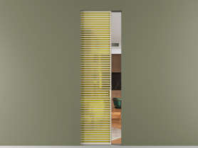 Алюминевая перегородка skr1_07_ Алюминий бежево-серый Сатинированное жёлтое стекло, триплекс, 6мм. Цвет Алюминий бежево-серый. Материал Алюминий в эмали. Коллекция Перегородка Formato скрытый пенал одностворчатая. Картинка.