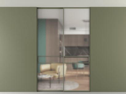 Алюминевая перегородка АЛПР 040.02_АОТ_Matelux Crystalvision_new. Цвет Алюминий оливковый тёмный. Материал Алюминий в эмали. Коллекция Перегородка Formato внутри проёма двустворчатая со скрытым креплением в потолок. Картинка.