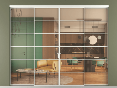 Алюминевая перегородка vn2+2_04 Алюминий светло-серый Прозрачное оранжевое стекло, триплекс, 6мм. Цвет Алюминий светло-серый. Материал Алюминий в эмали. Коллекция Перегородка Formato внутри проёма четырёхстворчатая. Картинка.