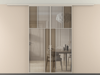 Алюминевая перегородка vdp2_2_АСБЖ_MS+Бронза триплекс_new. Цвет Алюминий светло-бежевый. Материал Алюминий в эмали. Коллекция Перегородка Mosaic вдоль стены на потолок двустворчатая. Картинка.