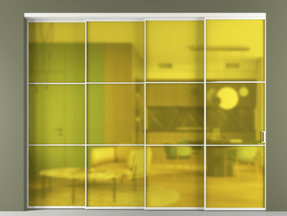 Алюминевая перегородка vn4_03_ Алюминий светло-серый Сатинированное жёлтое стекло, триплекс, 6мм. Цвет Алюминий светло-серый. Материал Алюминий в эмали. Коллекция Перегородка Formato внутри проёма телескопик синхро 3. Картинка.