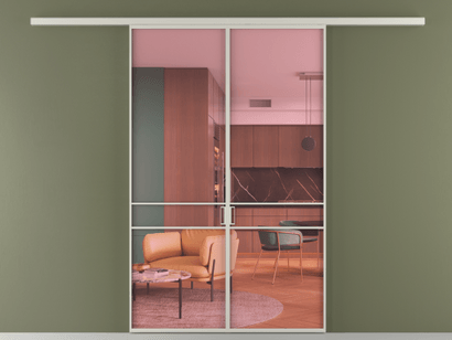 Алюминевая перегородка vd2_02_ Алюминий тёплый серый Прозрачное розовое стекло, триплекс, 6мм. Цвет Алюминий тёплый серый. Материал Алюминий в эмали. Коллекция Перегородка Formato вдоль стены двустворчатая. Картинка.