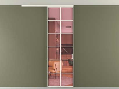 Алюминевая перегородка vd1_05 Алюминий пудровый белый Прозрачное розовое стекло, триплекс, 6мм. Цвет Алюминий пудровый белый. Материал Алюминий в эмали. Коллекция Перегородка Formato вдоль стены на потолок одностворчатая. Картинка.