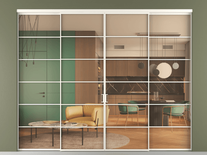 Алюминевая перегородка vn2+2_04 Алюминий пудровый белый Прозрачное оранжевое стекло, триплекс, 6мм. Цвет Алюминий пудровый белый. Материал Алюминий в эмали. Коллекция Перегородка Formato внутри проёма четырёхстворчатая. Картинка.