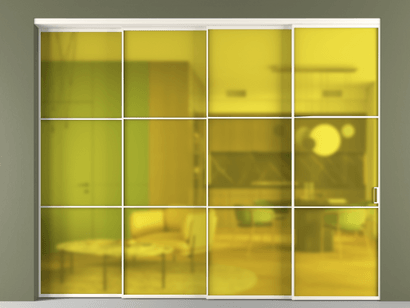 Алюминевая перегородка vn4_03_ Алюминий пудровый белый Сатинированное жёлтое стекло, триплекс, 6мм. Цвет Алюминий пудровый белый. Материал Алюминий в эмали. Коллекция Перегородка Formato внутри проёма телескопик синхро 3. Картинка.