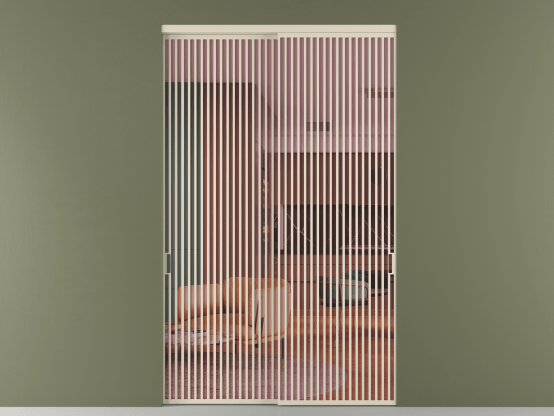 Алюминевая перегородка vn2_06_ Алюминий бежево-серый Прозрачное розовое стекло, триплекс, 6мм. Цвет Алюминий бежево-серый. Материал Алюминий в эмали. Коллекция Перегородка Formato внутри проёма 2 створки. Картинка.