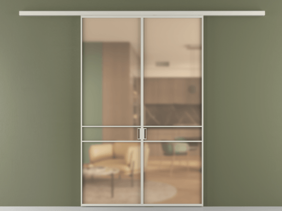 Алюминевая перегородка vd2_02_ Алюминий тёплый серый Сатинированное оранжевое стекло, триплекс, 6мм. Цвет Алюминий тёплый серый. Материал Алюминий в эмали. Коллекция Перегородка Formato вдоль стены 2 створки. Картинка.