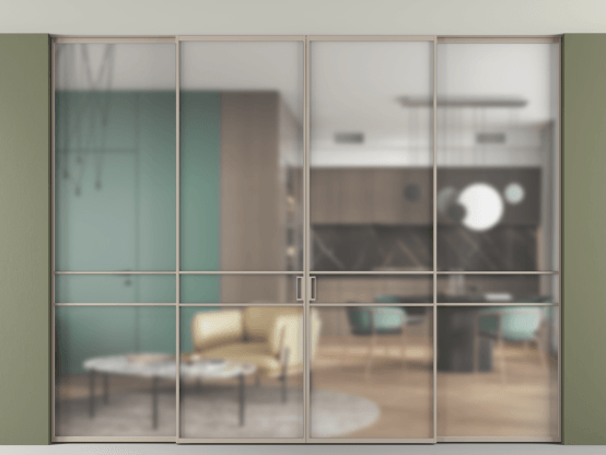 Алюминевая перегородка АЛПР 040.02_АБСК_Matelux Crystalvision_new. Цвет Алюминий бисквитный. Материал Алюминий в эмали. Коллекция Перегородка Формато внутри проёма скрытое крепление в потолок 4 створки. Картинка.