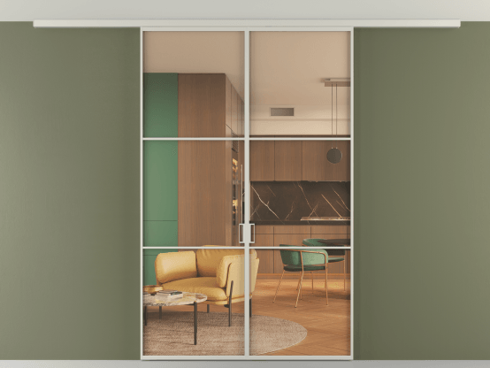 Алюминевая перегородка vd2_03 Алюминий тёплый серый Прозрачное оранжевое стекло, триплекс, 6мм. Цвет Алюминий тёплый серый. Материал Алюминий в эмали. Коллекция Перегородка Formato вдоль стены на потолок 2 створки. Картинка.