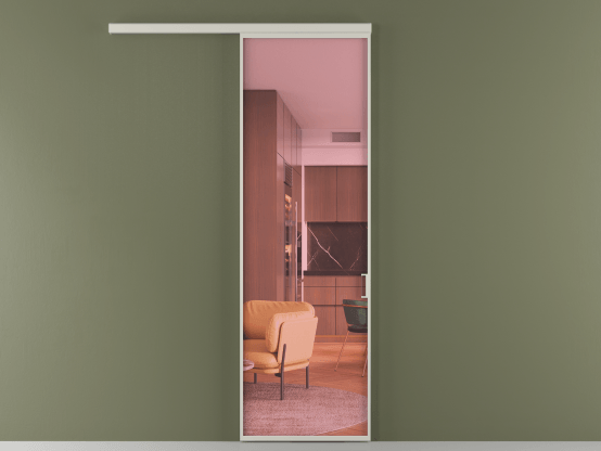 Алюминевая перегородка vd1_01_ Алюминий тёплый серый Прозрачное розовое стекло, триплекс, 6мм. Цвет Алюминий тёплый серый. Материал Алюминий в эмали. Коллекция Перегородка Formato вдоль стены 1 створка. Картинка.