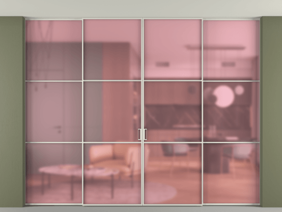 Алюминевая перегородка АЛПР 040.03_БЕЛ_САТ РОЗ_new. Цвет Алюминий Белый. Материал Алюминий. Коллекция Перегородка Формато внутри проёма скрытое крепление в потолок 4 створки. Картинка.