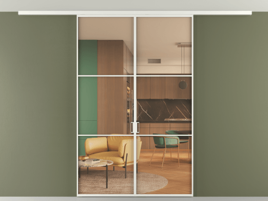 Алюминевая перегородка vd2_03 Алюминий светло-серый Прозрачное оранжевое стекло, триплекс, 6мм. Цвет Алюминий светло-серый. Материал Алюминий в эмали. Коллекция Перегородка Formato вдоль стены на потолок 2 створки. Картинка.