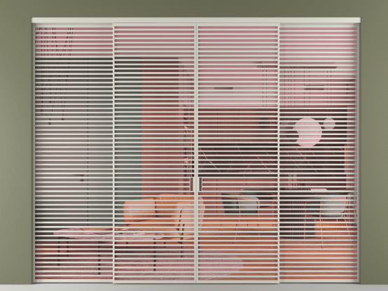 Алюминевая перегородка vn2+2_07_ Алюминий тёплый серый Прозрачное розовое стекло, триплекс, 6мм. Цвет Алюминий тёплый серый. Материал Алюминий в эмали. Коллекция Перегородка Formato внутри проёма 4 створки. Картинка.