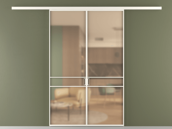 Алюминевая перегородка vd2_02_ Алюминий пудровый белый Сатинированное оранжевое стекло, триплекс, 6мм. Цвет Алюминий пудровый белый. Материал Алюминий в эмали. Коллекция Перегородка Formato вдоль стены 2 створки. Картинка.