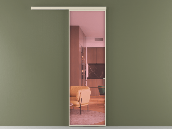 Алюминевая перегородка vd1_01_ Алюминий бежево-серый Прозрачное розовое стекло, триплекс, 6мм. Цвет Алюминий бежево-серый. Материал Алюминий в эмали. Коллекция Перегородка Formato вдоль стены 1 створка. Картинка.