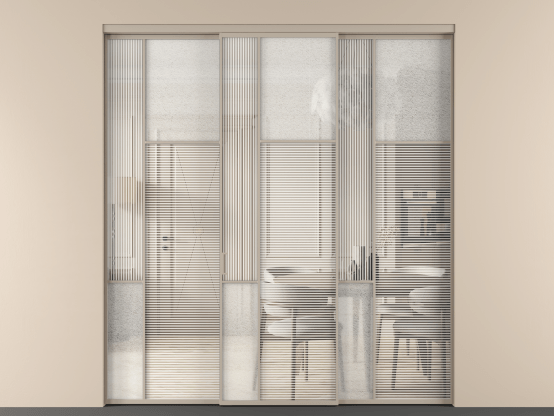 Алюминевая перегородка vn3_5_АБСК_DUNE+LED_new. Цвет Алюминий бисквитный. Материал Алюминий в эмали. Коллекция Перегородка Мозаик внутри проёма 3 створки. Картинка.