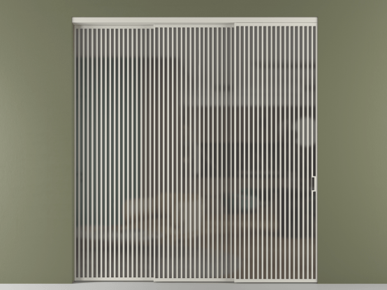 Алюминевая перегородка vn3_06_ Алюминий тёплый серый Серый сатин матовое. Цвет Алюминий тёплый серый. Материал Алюминий в эмали. Коллекция Перегородка Формато внутри проёма 3 створки с синхронным механизмом. Картинка.