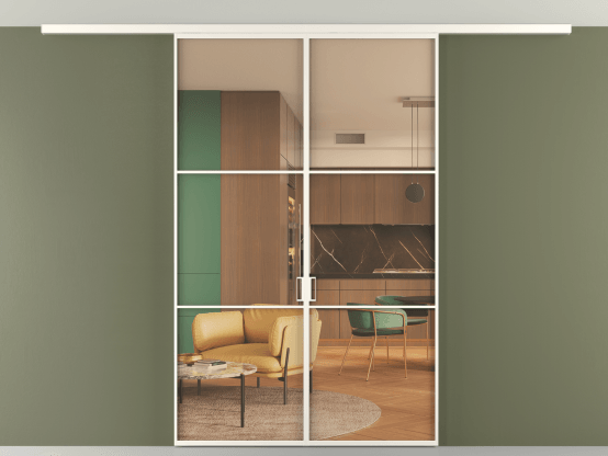 Алюминевая перегородка vd2_03 Алюминий пудровый белый Прозрачное оранжевое стекло, триплекс, 6мм. Цвет Алюминий пудровый белый. Материал Алюминий в эмали. Коллекция Перегородка Formato вдоль стены на потолок 2 створки. Картинка.