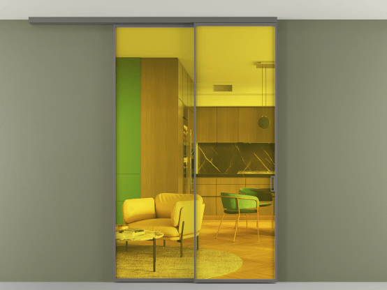 Алюминевая перегородка АЛПР 040.01_АКЛС_ПРОЗ ЖЕЛ_new. Цвет Алюминий классический серый. Материал Алюминий в эмали. Коллекция Перегородка Formato вдоль стены на потолок 2 створки с синхронным механизмом. Картинка.