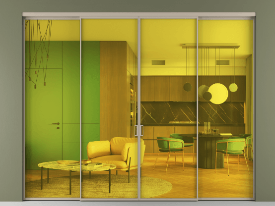 Алюминевая перегородка АЛПР 040.01_АБСК_ПРОЗ ЖЕЛ_new. Цвет Алюминий бисквитный. Материал Алюминий в эмали. Коллекция Перегородка Формато внутри проёма 4 створки. Картинка.