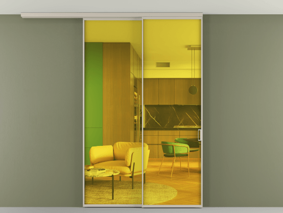 Алюминевая перегородка АЛПР 040.01_АСБЖ_ПРОЗ ЖЕЛ_new. Цвет Алюминий светло-бежевый. Материал Алюминий в эмали. Коллекция Перегородка Formato вдоль стены на потолок 2 створки с синхронным механизмом. Картинка.