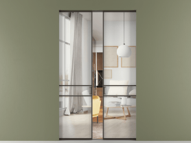 Алюминевая перегородка АЛПР 040.02 МАН Зеркало триплекс. Цвет Алюминий антрацит. Материал Алюминий в эмали. Коллекция Перегородка Formato скрытый пенал 2 створки. Картинка.