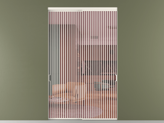 Алюминевая перегородка vn2_06_ Алюминий пудровый белый Прозрачное розовое стекло, триплекс, 6мм. Цвет Алюминий пудровый белый. Материал Алюминий в эмали. Коллекция Перегородка Formato внутри проёма 2 створки. Картинка.