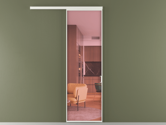 Алюминевая перегородка vd1_01_ Алюминий светло-серый Прозрачное розовое стекло, триплекс, 6мм. Цвет Алюминий светло-серый. Материал Алюминий в эмали. Коллекция Перегородка Formato вдоль стены 1 створка. Картинка.