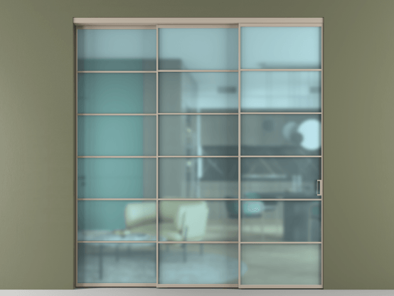 Алюминевая перегородка АЛПР 040.04_АБСК_САТ ГОЛ_new. Цвет Алюминий бисквитный. Материал Алюминий в эмали. Коллекция Перегородка Formato внутри проёма 3 створки с синхронным механизмом. Картинка.