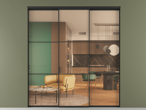 Алюминевая перегородка АЛПР 040.03_ЧРН_ПРОЗ ОРАНЖ_new. Цвет Алюминий Черный. Материал Алюминий. Коллекция Перегородка Формато внутри проёма 3 створки. Картинка.