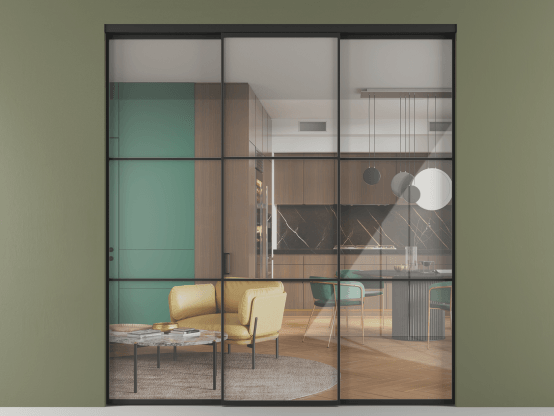 Алюминевая перегородка АЛПР 040.03 ЧРН Алюминий Черный Stopsol Clear прозрачное. Цвет Алюминий Черный. Материал Алюминий. Коллекция Перегородка Формато внутри проёма 3 створки. Картинка.