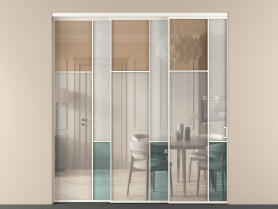 Алюминевая перегородка vnt3_7 Алюминий пудровый белый Четыре стекла. Цвет Алюминий пудровый белый. Материал Алюминий в эмали. Коллекция Перегородка Mosaic внутри проёма 3 створки с синхронным механизмом. Картинка.