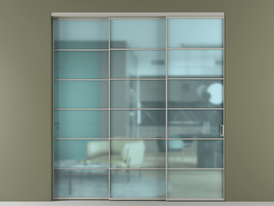 Алюминевая перегородка АЛПР 040.04_АНСР_САТ ГОЛ_new. Цвет Алюминий нейтральный серый. Материал Алюминий в эмали. Коллекция Перегородка Formato внутри проёма 3 створки с синхронным механизмом. Картинка.