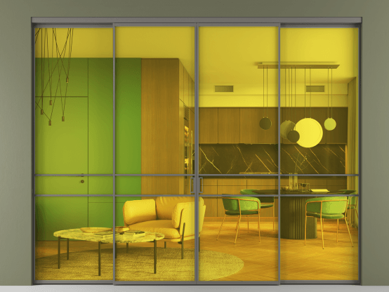 Алюминевая перегородка АЛПР 040.02_АКЛС_ПРОЗ ЖЕЛ_new. Цвет Алюминий классический серый. Материал Алюминий в эмали. Коллекция Перегородка Formato внутри проёма 4 створки. Картинка.