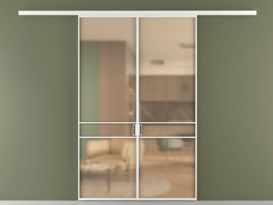 Алюминевая перегородка vd2_02_ Алюминий светло-серый Сатинированное оранжевое стекло, триплекс, 6мм. Цвет Алюминий светло-серый. Материал Алюминий в эмали. Коллекция Перегородка Formato вдоль стены 2 створки. Картинка.